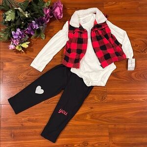Carter's 3 pc set Red and Black Plaid Vest with White Top Toddler 24 Months